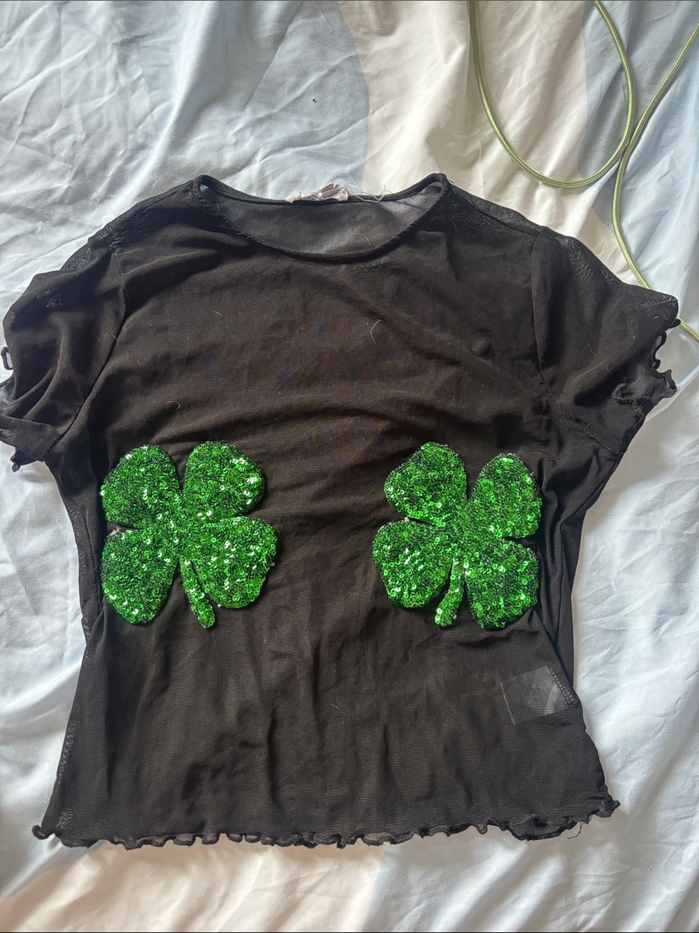 Black Sheer Top with Green Sequin Shamrocks